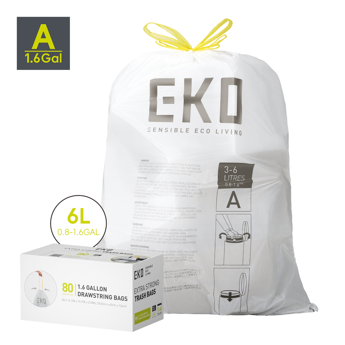 Code A - Easy-Dispense Roll Trash Bag, 6 L / 1.6 Gal