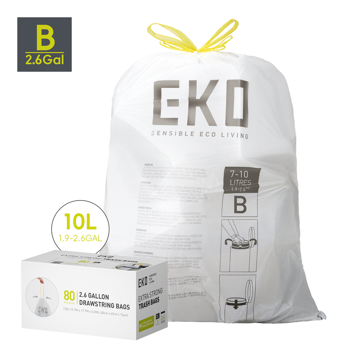 Code B - Easy-Dispense Roll Trash Bag, 10 L / 2.6 Gal