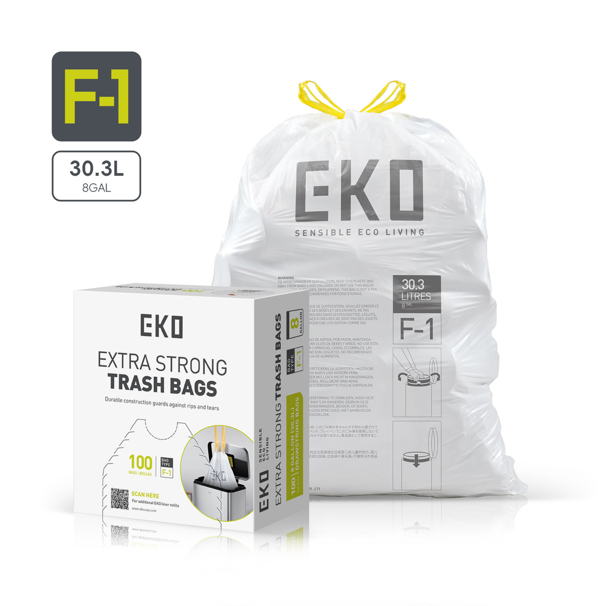 Code F-1  Slim Extra-Long Easy-Dispense Roll Trash Bags, 30.3 L / 8 Gal
