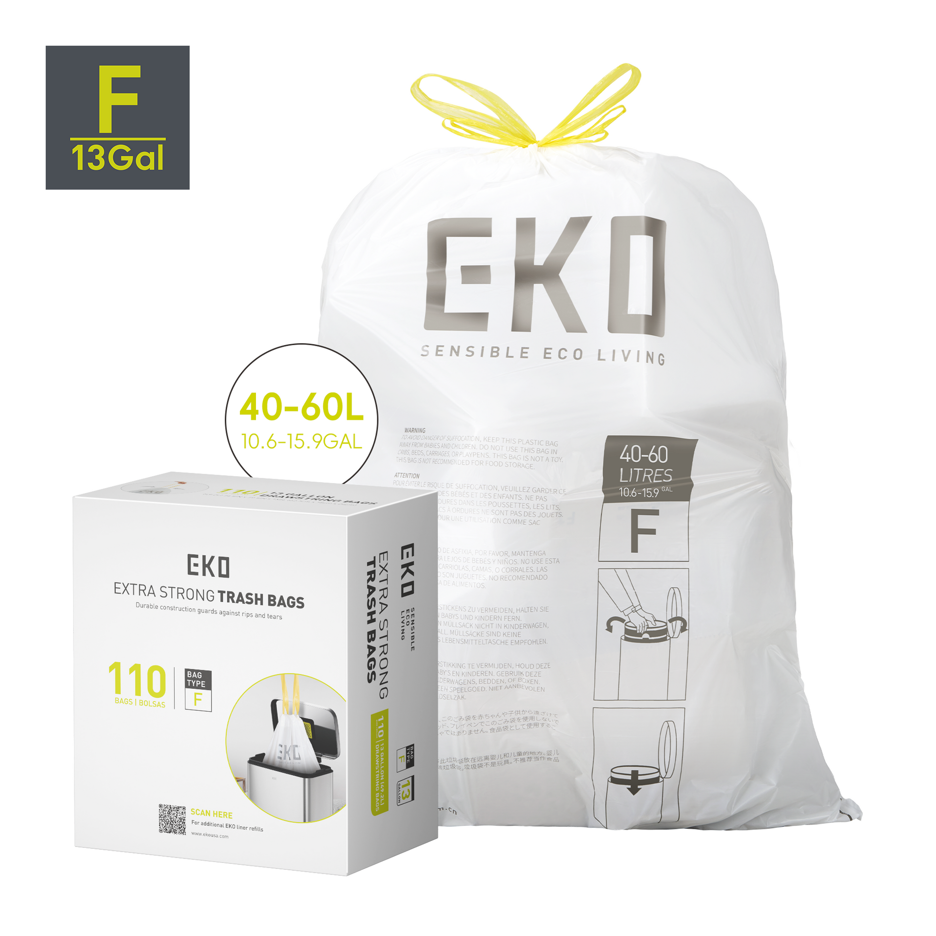 Code F - 13 Gallon Easy-Dispense Roll Trash Bag - 110 Count (50L