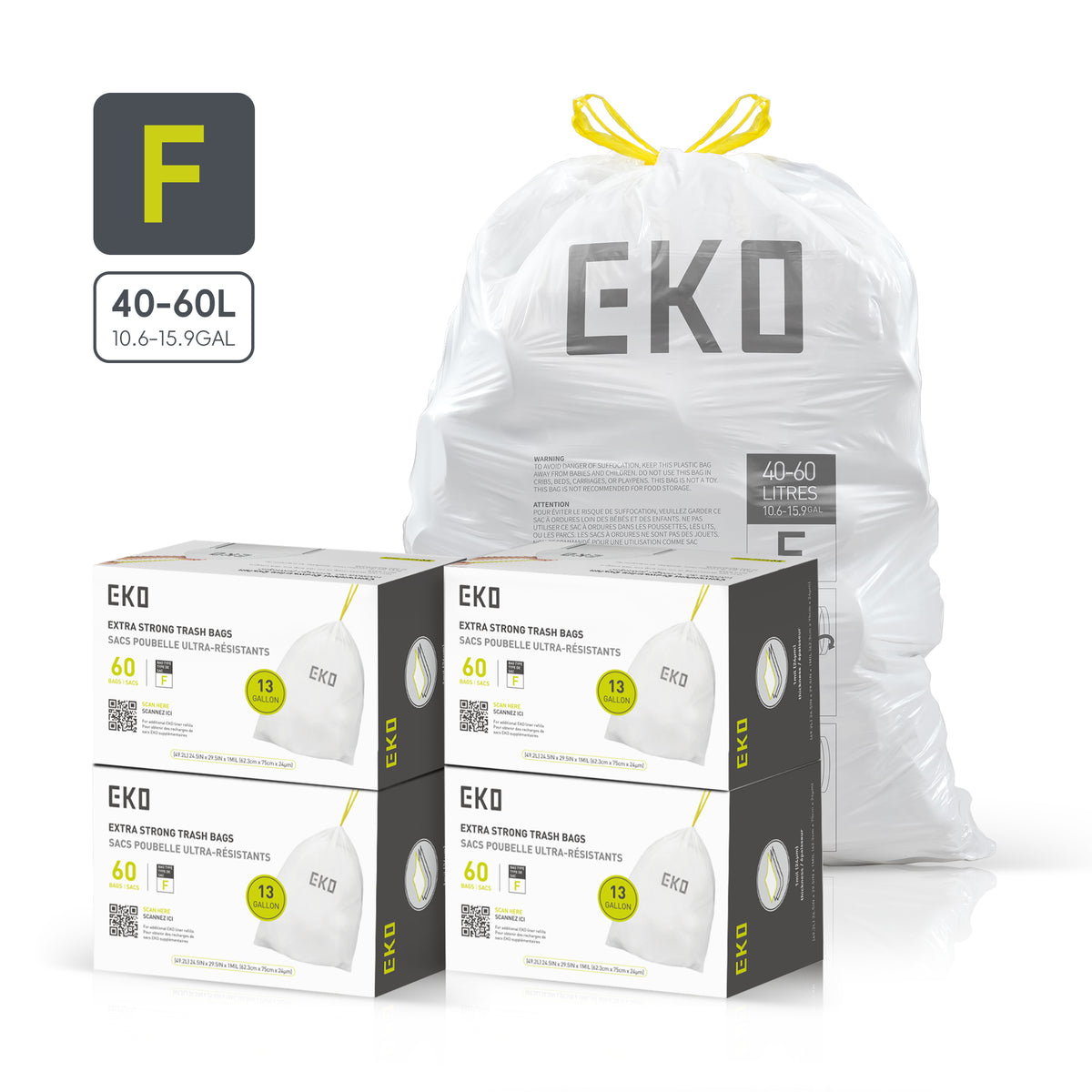Code F Easy-Dispense Roll Trash Bags, 40-60 L / 10.6-15.9 Gal