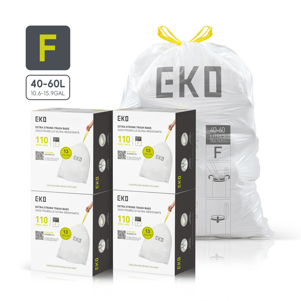 Code F Easy-Dispense Roll Trash Bags, 40-60 L / 10.6-15.9 Gal