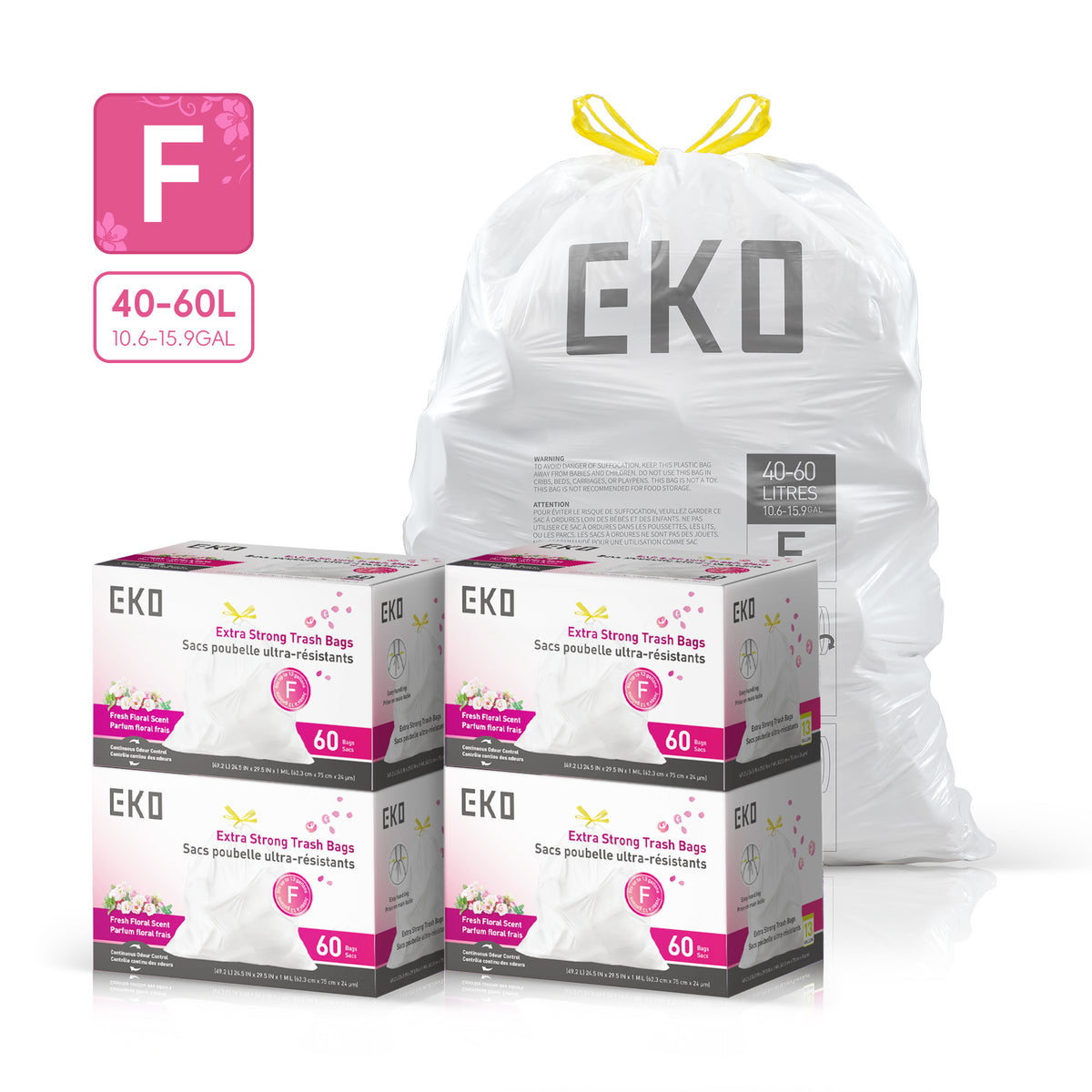Code F Easy-Dispense Roll Trash Bags, 40-60 L / 10.6-15.9 Gal