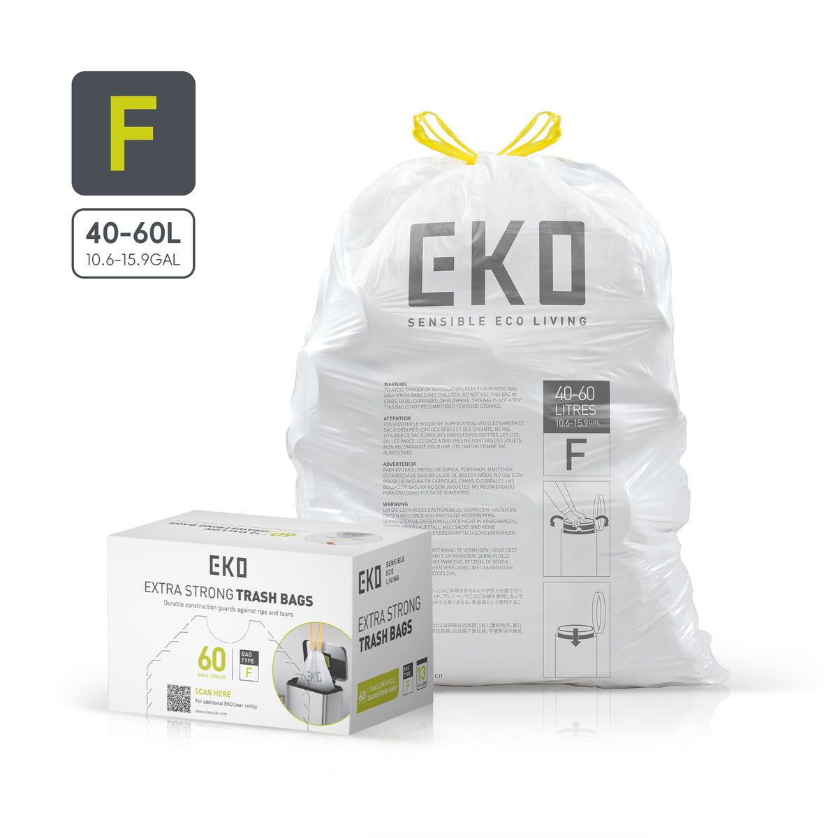 Code F Easy-Dispense Roll Trash Bags, 40-60 L / 10.6-15.9 Gal