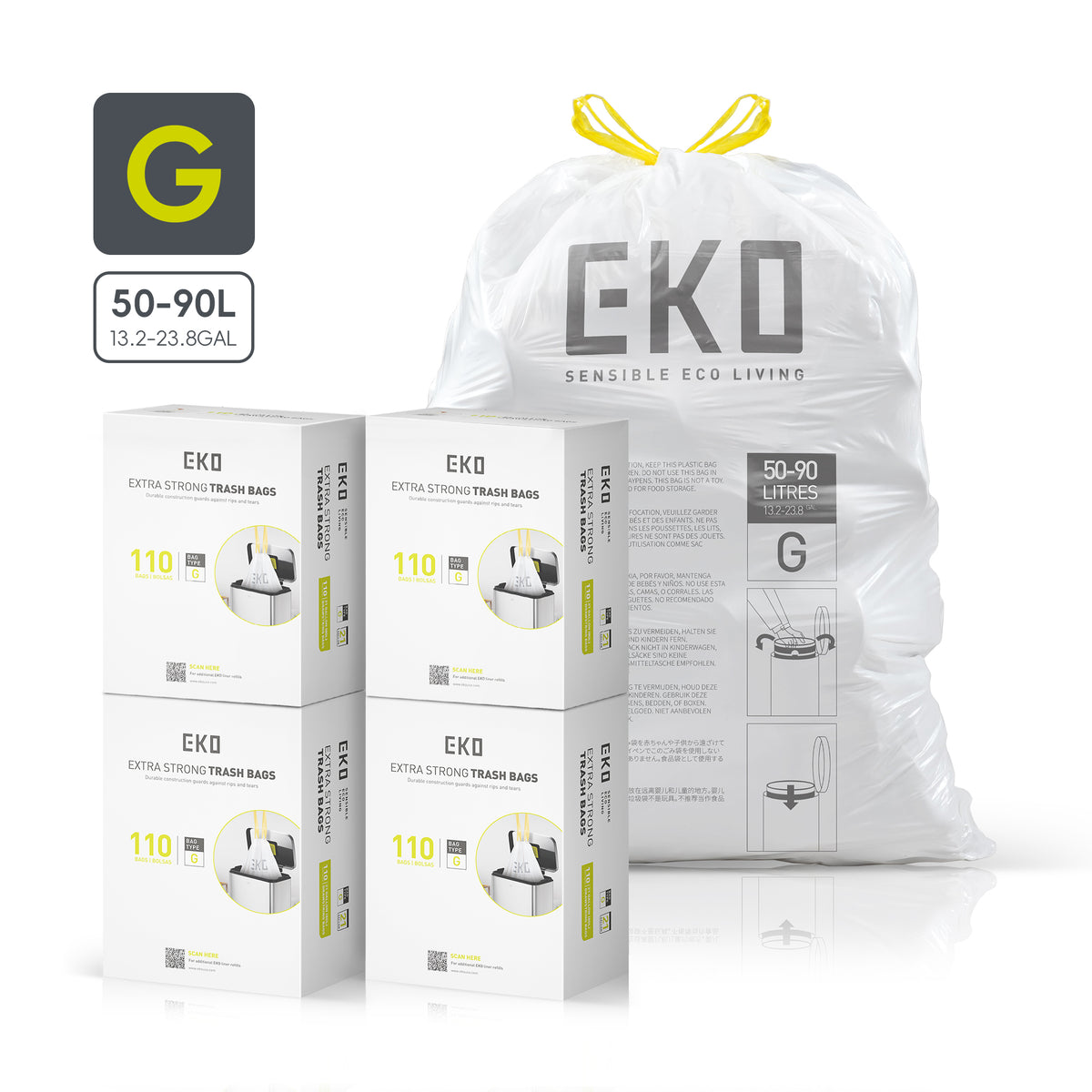 Code G Easy-Dispense Roll Trash Bags, 50-90 L / 13.2-23.8 Gal