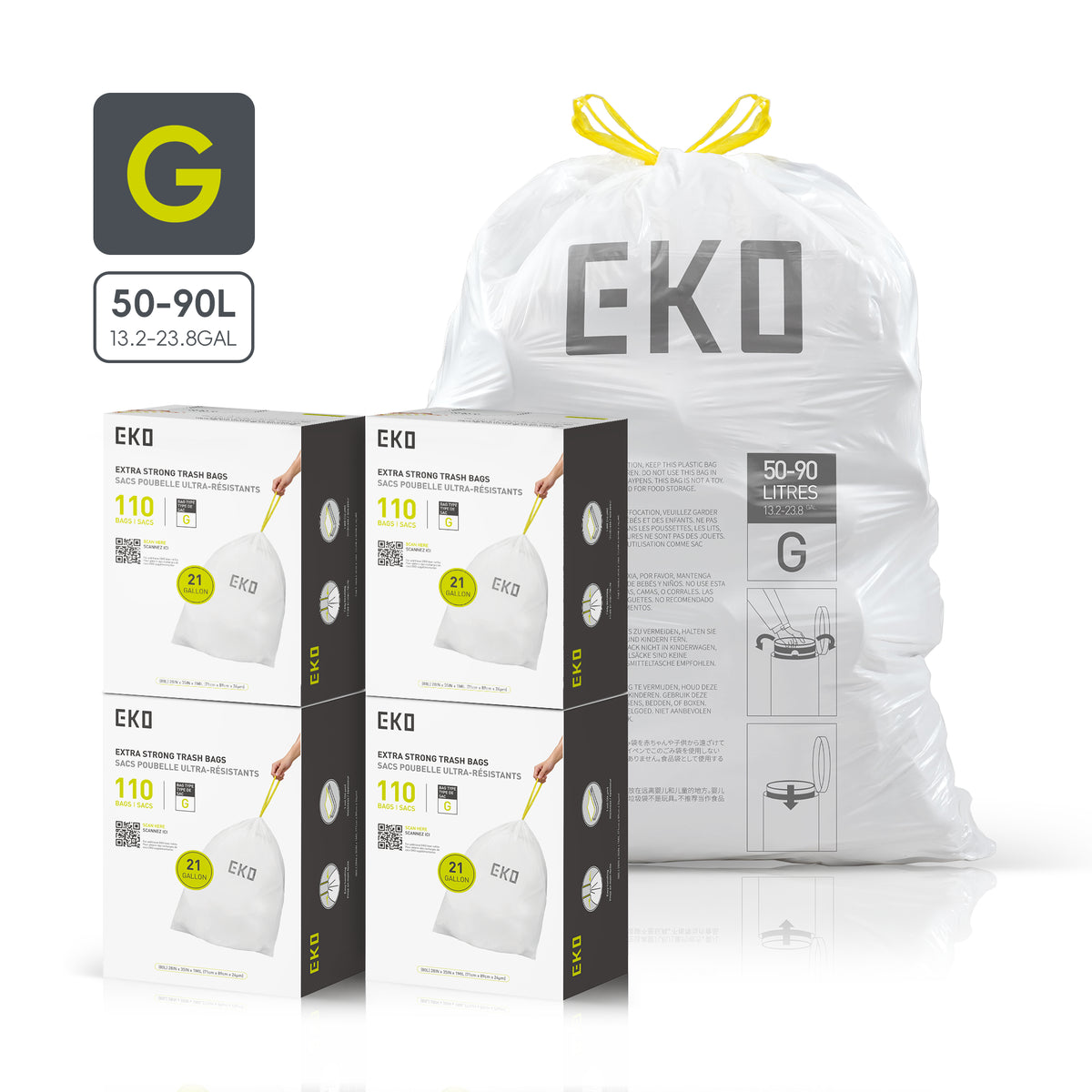 Code G Easy-Dispense Roll Trash Bags, 50-90 L / 13.2-23.8 Gal