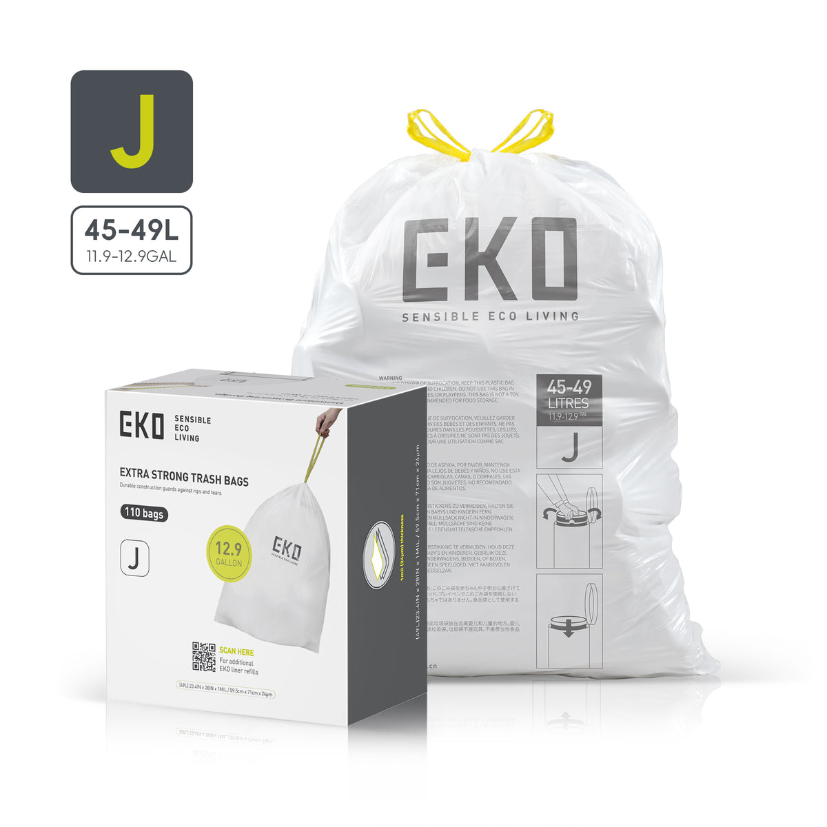 Code J Easy-Dispense Roll Trash Bags, 45-49 L / 11.9-12.9 Gal