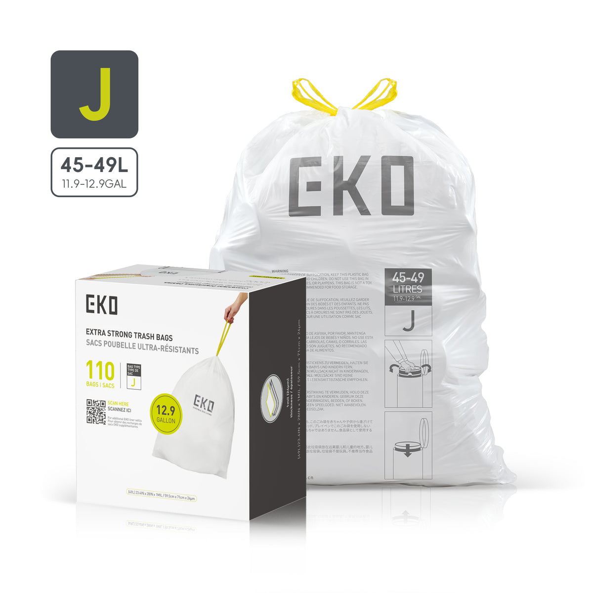 Code J Easy-Dispense Roll Trash Bags, 45-49 L / 11.9-12.9 Gal