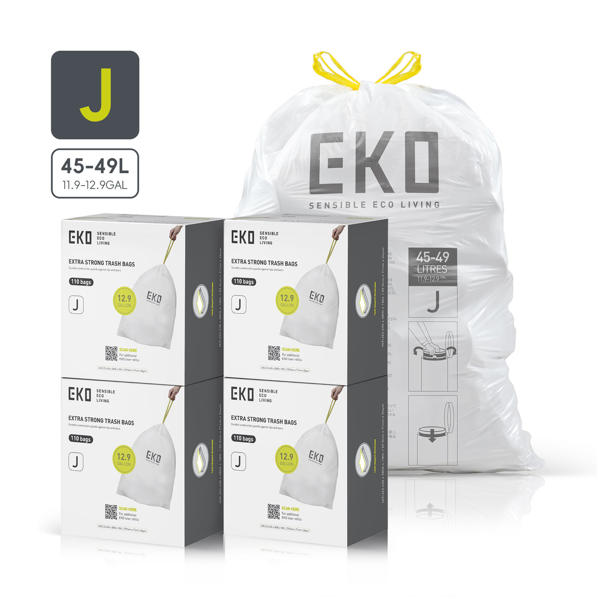 Code J Easy-Dispense Roll Trash Bags, 45-49 L / 11.9-12.9 Gal