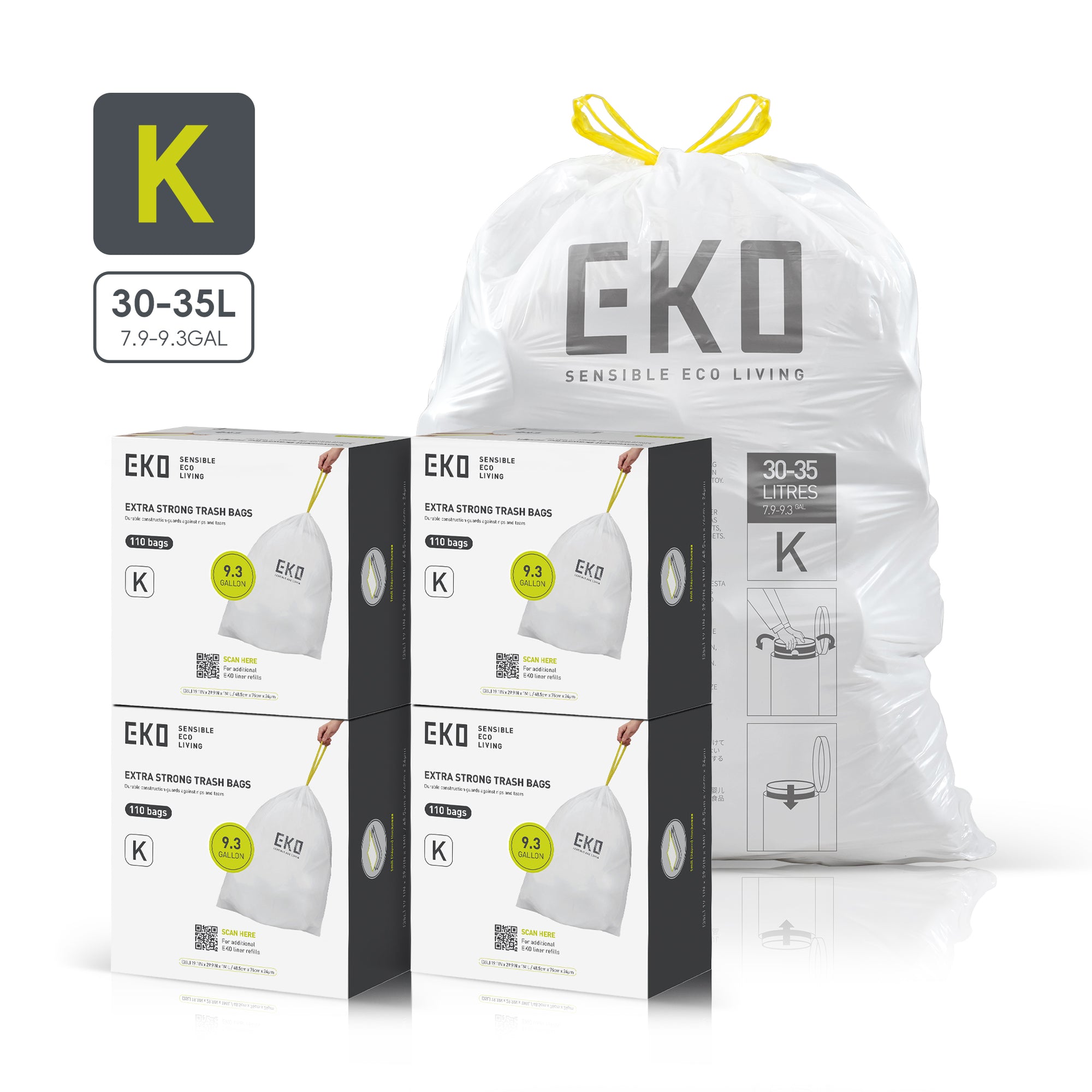 Code K -9.3 Gallon Easy-Dispense Roll Trash Bag -440 Count