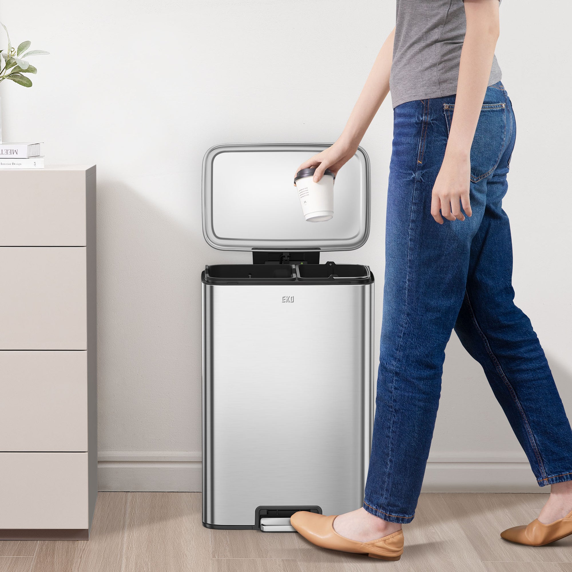 Maxwell Dual Compartment 20L+25L  Step Trash Can, Brushed Stainless Steel Finish