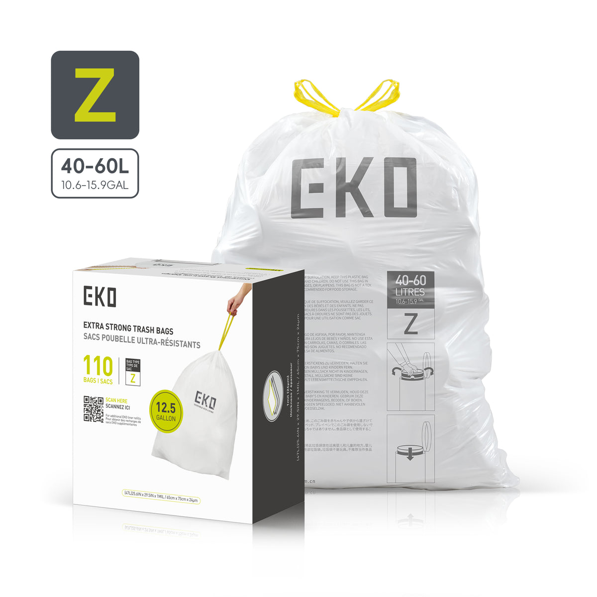 Code Z Easy-Dispense Roll Trash Bags, 40-60 L / 10.6-15.9 Gal