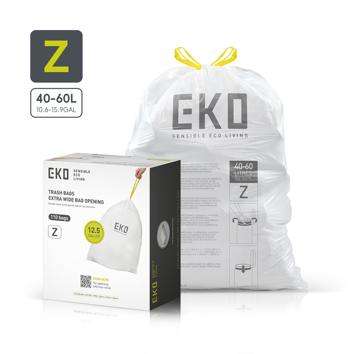 Code Z Easy-Dispense Roll Trash Bags, 40-60 L / 10.6-15.9 Gal