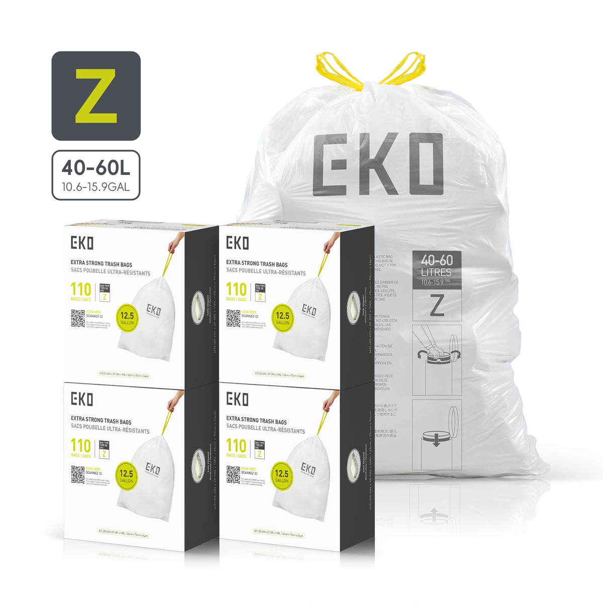 Code Z Easy-Dispense Roll Trash Bags, 40-60 L / 10.6-15.9 Gal