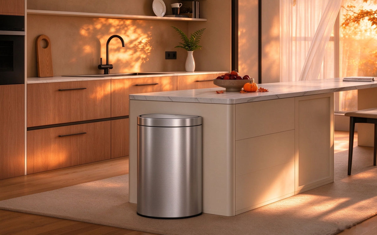 Mirage Semi-Round Motion Sensor Trash Can, 47 L in a home setting