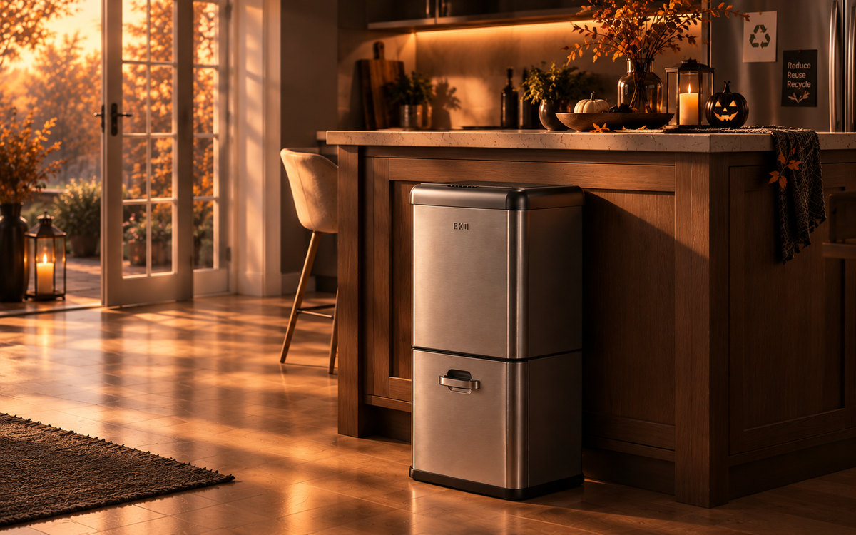 Vintage Dual Compartment Motion Sensor Trash Can, 32+18 L in a home setting