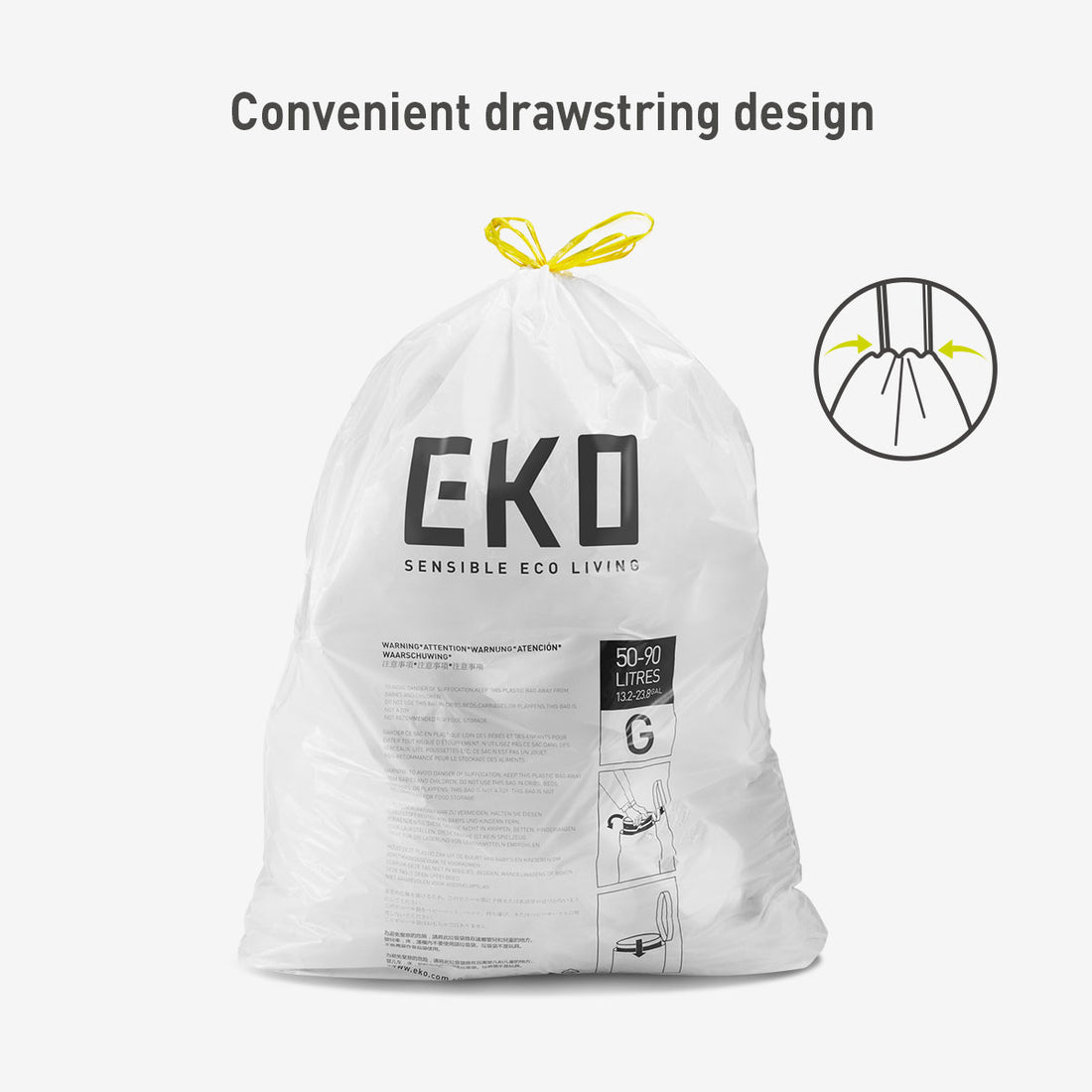 Extra-Strong Drawstring Kitchen Trash Bags – 21 Gallon (79.5L) 60 pack White